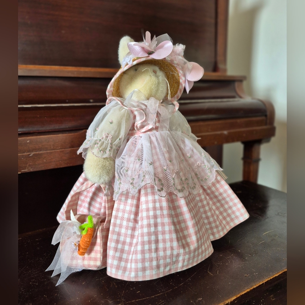 Vintage Hallmark Easter Bunny "Criket" With Stand Pink Gingham Dress